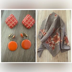 Vintage Anne Klein Fall Silk Scarf with Enamel Clip on Earrings
